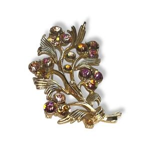 Vintage Lisner Brooch AB‎ Stones Flower Bouquet Gold Tone Signed 50s 60s Cottage